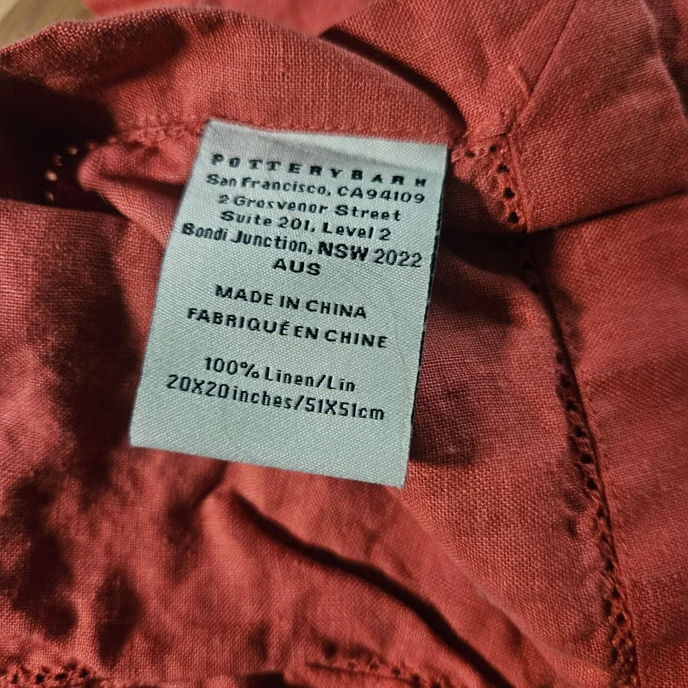Pottery Barn 100% Linen Hemstitch Dinner Napkins Rust Red Terracotta 20x20 Set